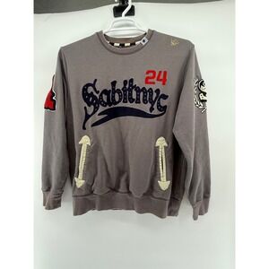 SABIT NYC Mens Sweatshirt Gray Crewneck‎ Applique Patches Size L Casual